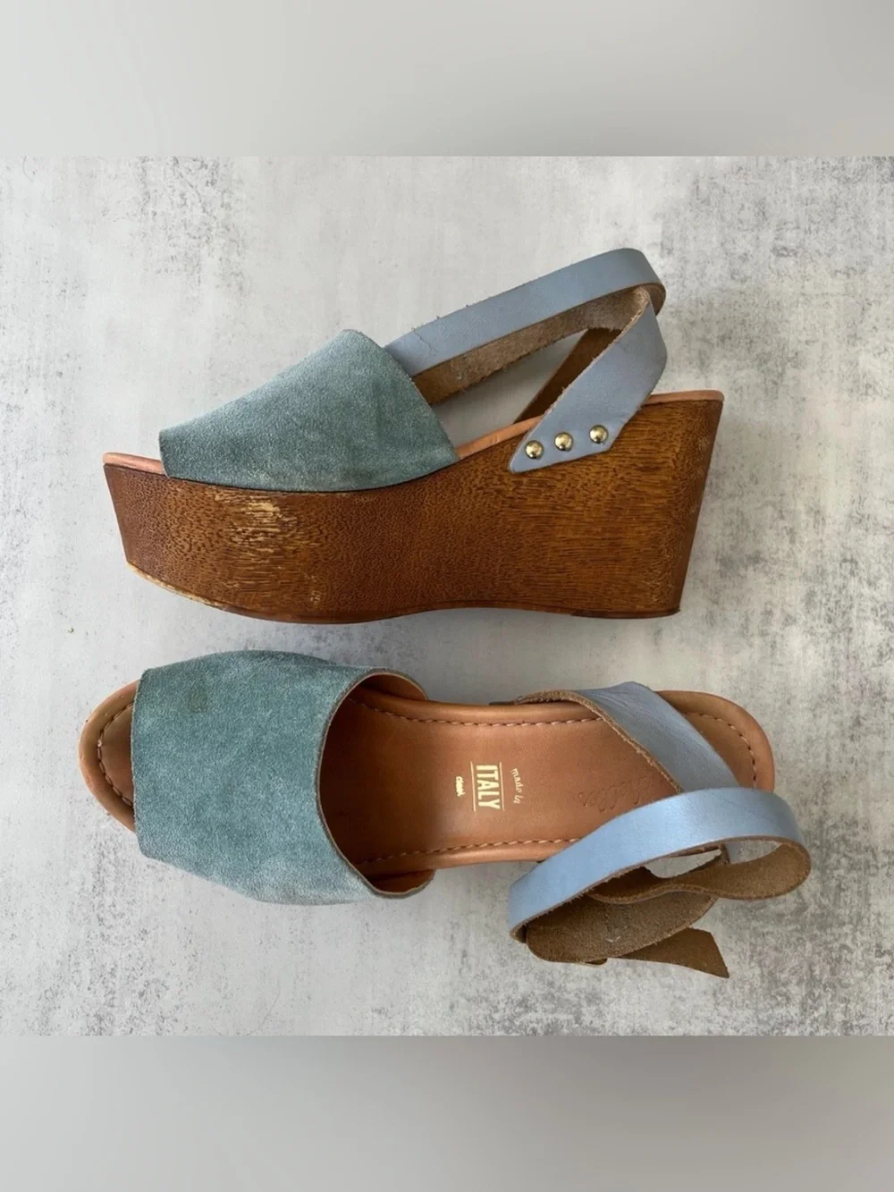Seychelles Forward Seafoam Suede Wood Platform Wedge Sandals Size 6